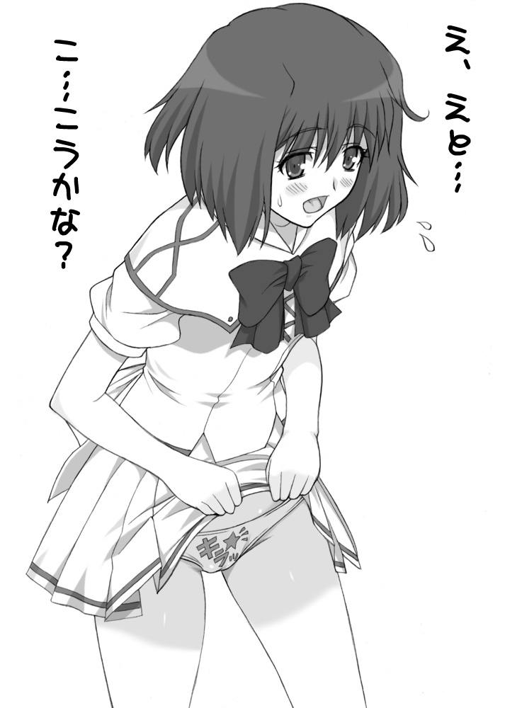 shichimenchou, ranka lee, macross, macross frontier, 00s, blush, clothes lift, greyscale, monochrome, panties, short hair, simple background, skirt, skirt lift, solo, underwear