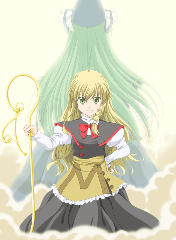 imo (imoyashiki), imoimo, kirisame marisa, mima (touhou), touhou, touhou (pc-98), 2girls, blonde hair, female focus, green eyes, green hair, hat, long hair, multiple girls, no headwear, staff, wizard hat