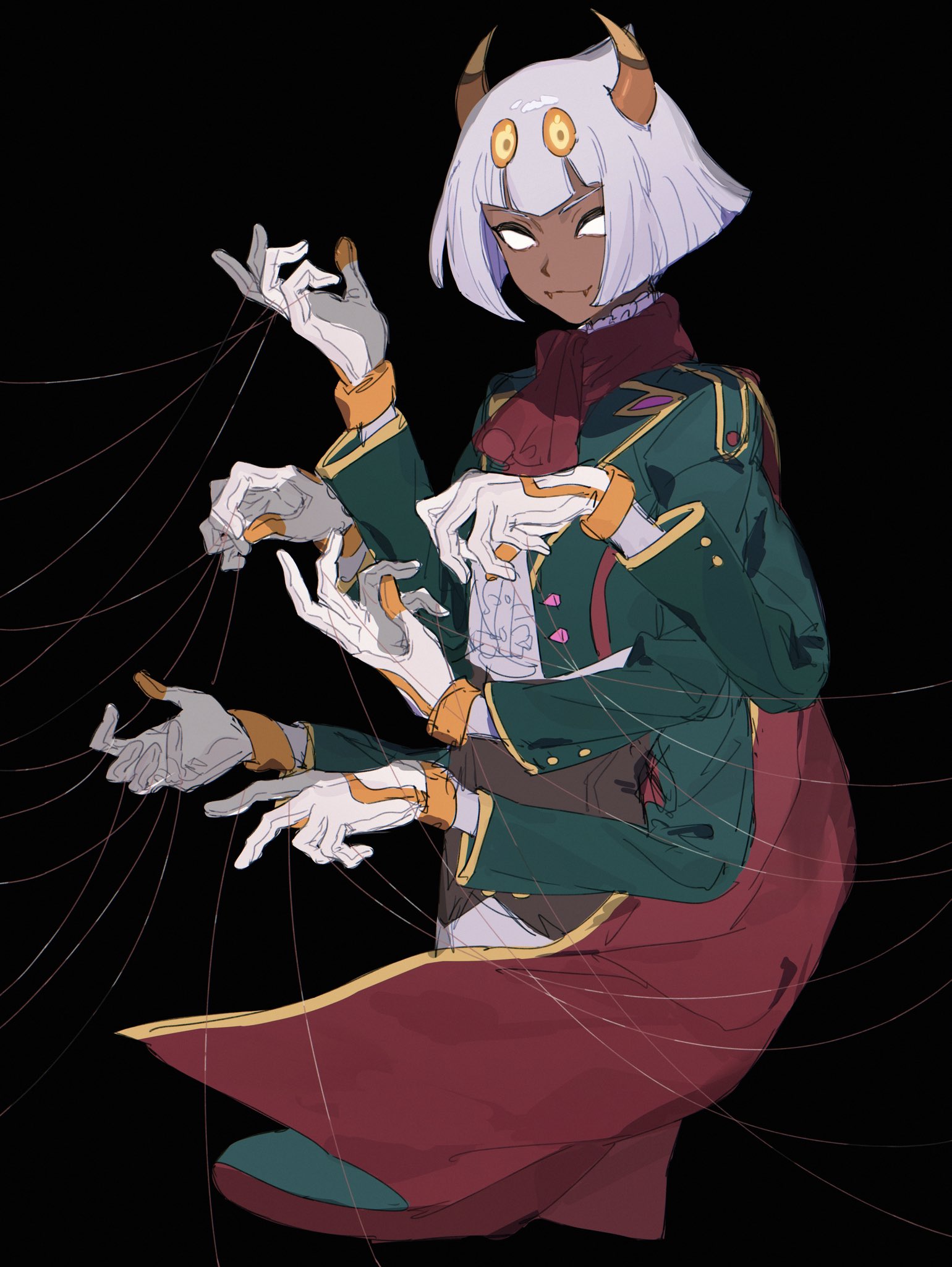 fua1heyvot4ifsr, taranza, kirby (series), nintendo, commentary, highres, 1boy, arthropod boy, ascot, black background, blank eyes, cape, closed mouth, cropped legs, dark-skinned male, dark skin, extra arms, fangs, gloves, green jacket, horns, jacket, long sleeves, looking at viewer, male focus, personification, red ascot, silk, simple background, solo, spider boy, spider web, white gloves, white hair