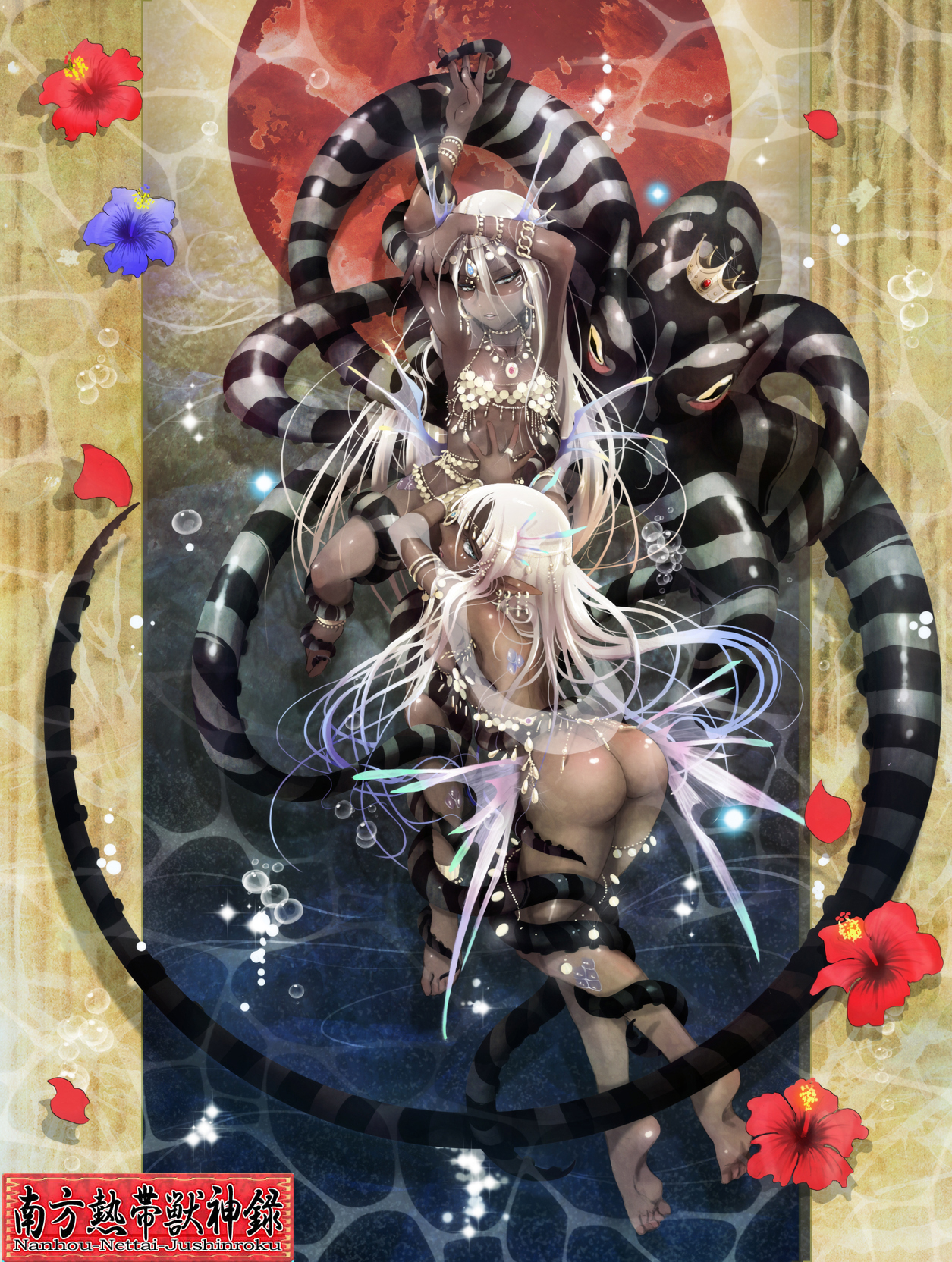 funakura, original, highres, 2girls, armpits, ass, barefoot, between toes, bubble, crown, dark-skinned female, dark skin, earrings, elf, feet, flat chest, flower, head wings, jewelry, legs, long hair, looking back, multiple girls, octopus, pointy ears, scales, soles, tentacles, toes, veil, water, white hair, wings