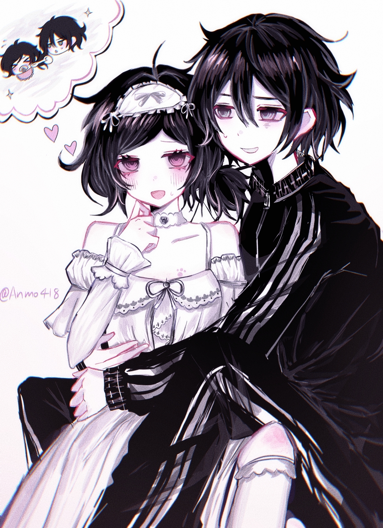 anmo418, andrew graves, ashley graves, the coffin of andy and leyley, chinese commentary, commentary request, highres, 1boy, 1girl, :d, ahoge, alternate eye color, bare shoulders, black hair, black jacket, black pants, breasts, choker, chromatic aberration, cleavage, colored skin, double-parted bangs, dress, feet out of frame, frilled dress, frilled sleeves, frilled socks, frills, grin, hair between eyes, hairband, heart, hug, jacket, knee up, layered sleeves, long sleeves, looking at viewer, low side ponytail, medium hair, off-shoulder dress, off shoulder, open mouth, pants, pink eyes, ribbon-trimmed dress, ribbon trim, ringed eyes, short hair, short over long sleeves, short sleeves, side ponytail, simple background, sitting, sitting on lap, sitting on person, small breasts, smile, socks, speech bubble, sweatdrop, thought bubble, tongue, track jacket, triple vertical stripe, turtleneck, turtleneck jacket, twitter username, white background, white choker, white dress, white hairband, white skin, zipper