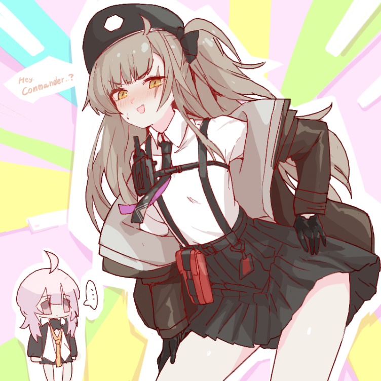 ryuutai no kimagure, leva (girls' frontline 2), m200 (girls' frontline), ump45 (girls' frontline), girls' frontline, …, 2girls, :d, belt, black belt, black hat, black necktie, black skirt, brown hair, chest harness, chibi, clothes down, cosplay, costume switch, english text, flat chest, harness, hat, leva (girls' frontline 2) (cosplay), long hair, looking at another, looking at viewer, loose necktie, m200 (girls' frontline) (cosplay), multiple girls, necktie, off shoulder, open mouth, pink eyes, pink hair, pleated shirt, pleated skirt, pouch, scar, scar across eye, scar on face, skirt, smile, spoken ellipsis, sweatdrop, thighs, twintails, walkie-talkie, yellow necktie
