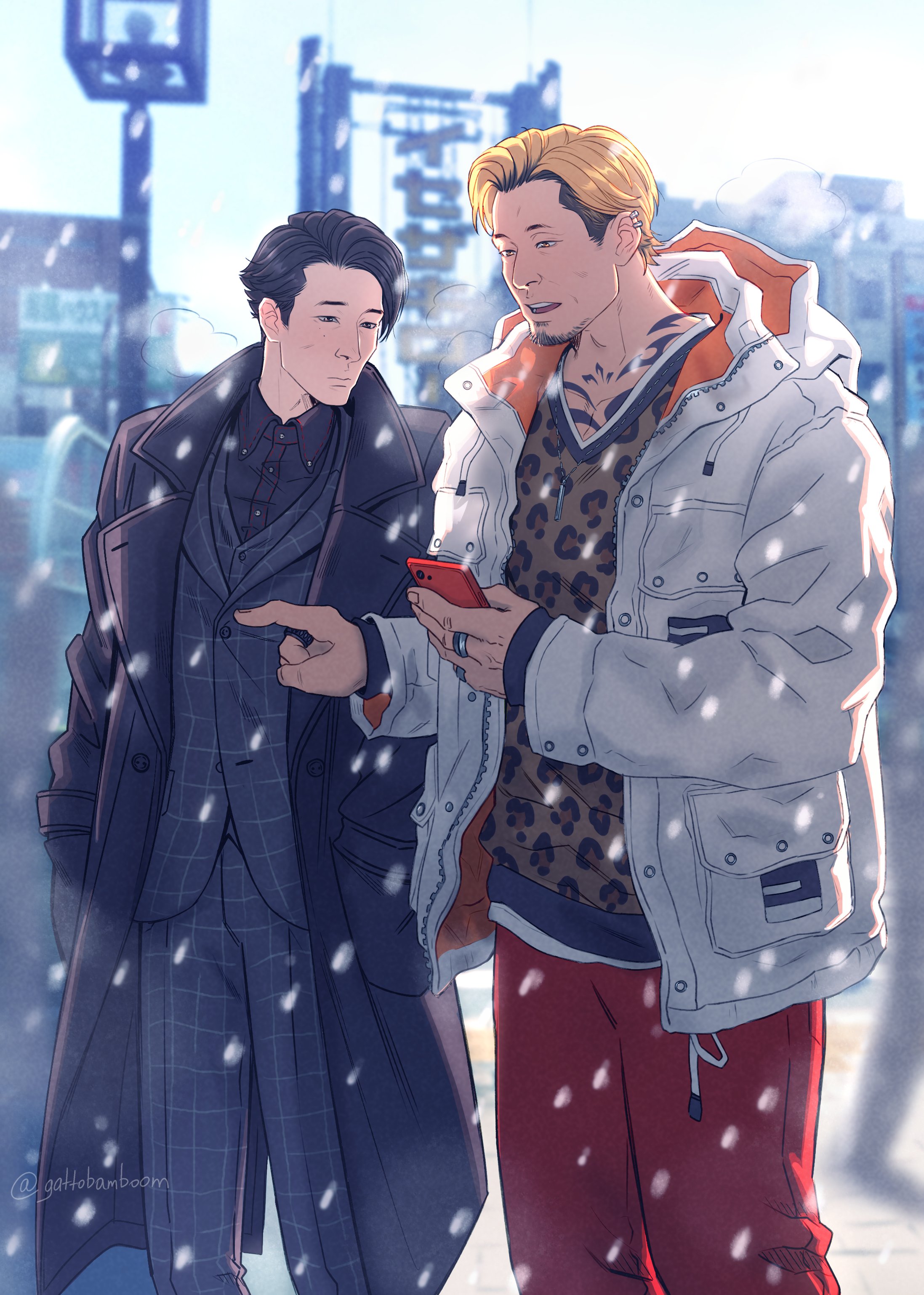 teppn (gattobamboom), akutsu daimu, souma kazuki, lost judgment, absurdres, commentary, english commentary, highres, 2boys, animal print, black hair, blonde hair, cellphone, city, coat, collared shirt, earrings, facial hair, formal clothes, goatee, holding, holding phone, jacket, jewelry, leopard print, long coat, looking at phone, male focus, multicolored hair, multiple boys, multiple rings, phone, plaid suit, pointing, ring, shirt, smartphone, snowing, suit, swept bangs, two-tone hair, white coat, winter, winter clothes, winter coat