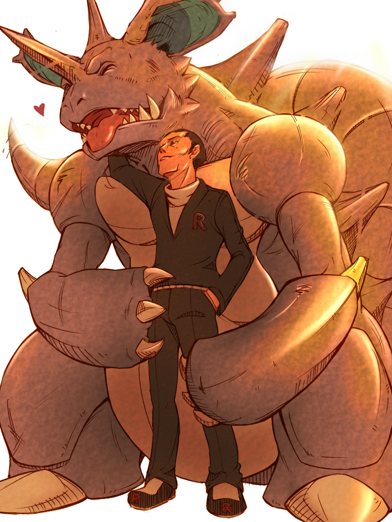 inubiko, giovanni (pokemon), nidoking, nintendo, pokemon, bad id, bad pixiv id, 2boys, claws, closed eyes, gen 1 pokemon, gym leader, heart, horns, hug, male focus, multiple boys, pet, pokemon (creature), sharp teeth, short hair, spikes, tail, tail wagging, team rocket, teeth, tongue