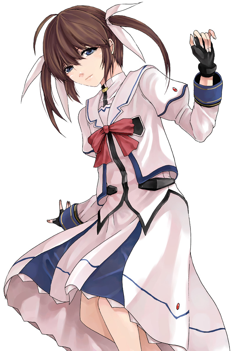 raid slash, takamachi nanoha, takamachi nanoha (sacred mode), lyrical nanoha, mahou shoujo lyrical nanoha, 00s, blue eyes, brown hair, fingerless gloves, gloves, hair ribbon, ribbon, simple background, solo, twintails