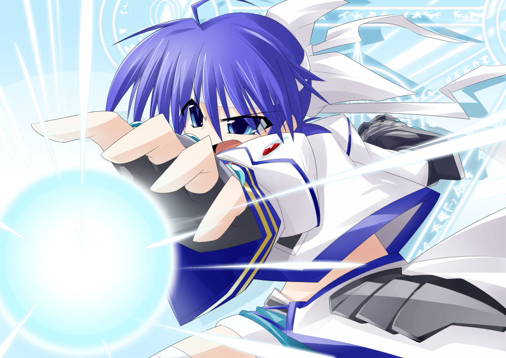 bibi02, revolver knuckle, subaru nakajima, lyrical nanoha, mahou shoujo lyrical nanoha, mahou shoujo lyrical nanoha strikers, md5 mismatch, 00s, 1girl, blue eyes, blue hair, energy ball, female focus, fingerless gloves, gloves, headband, magic, magic circle, matching hair/eyes, short hair, shorts, solo