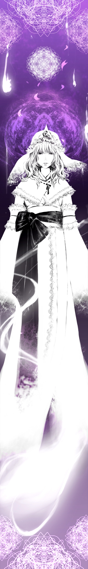 mochinue, saigyouji yuyuko, touhou, bad id, bad pixiv id, highres, long image, tall image, 1girl, dress, female focus, monochrome, purple theme, solo, white theme
