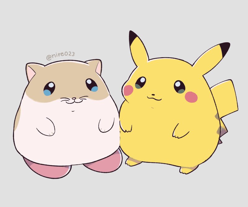 ni re, pikachu, rick (kirby), kirby (series), nintendo, pokemon, commentary request, :3, animal, animal focus, blue eyes, closed mouth, crossover, gen 1 pokemon, grey background, hamster, no humans, pokemon (creature), simple background, tail, twitter username, whiskers