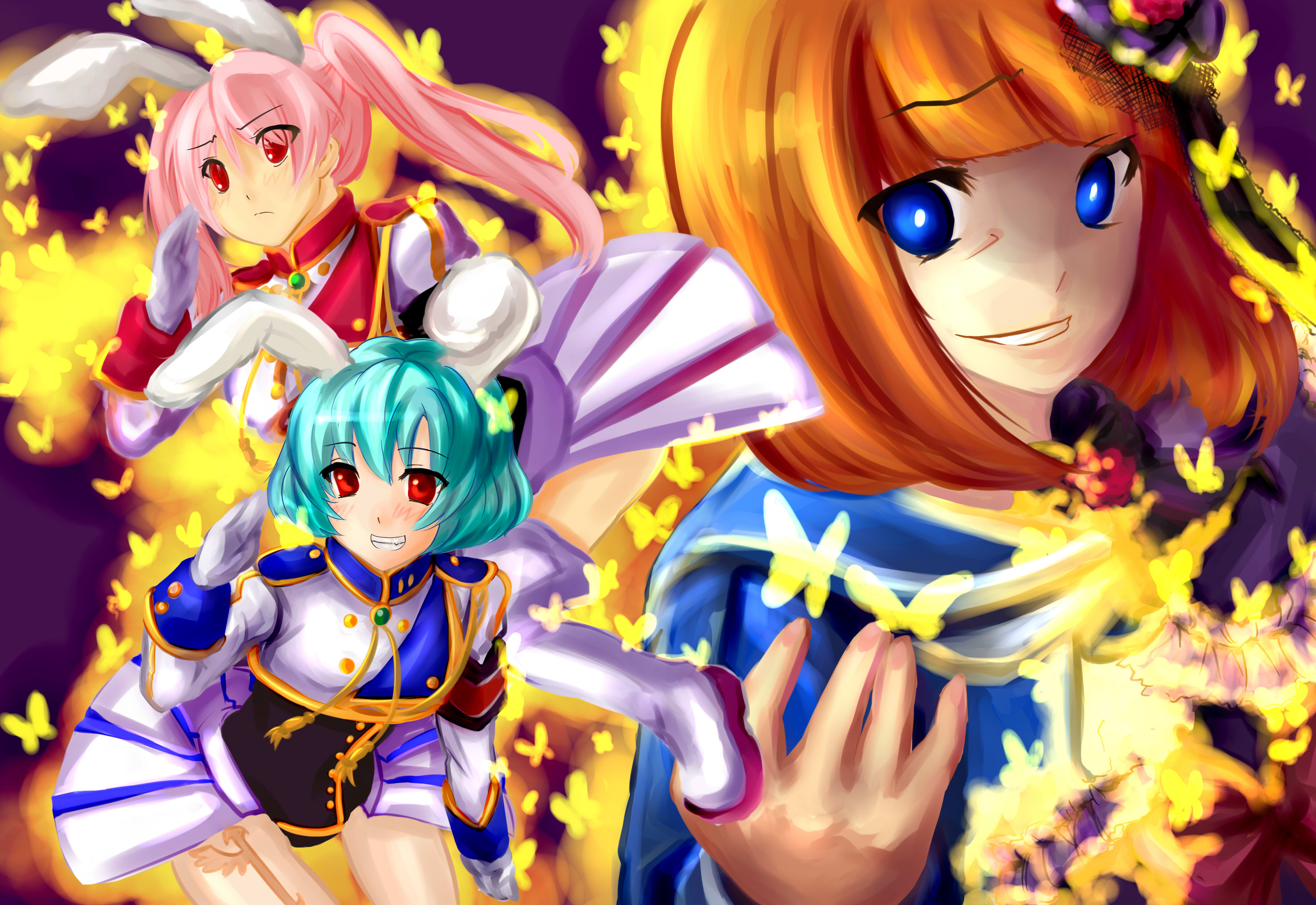 naka-rin, chiester00, chiester410, chiester45, chiester sisters, eva beatrice, umineko no naku koro ni, highres, 00s, 3girls, animal ears, multiple girls, rabbit ears, showgirl skirt