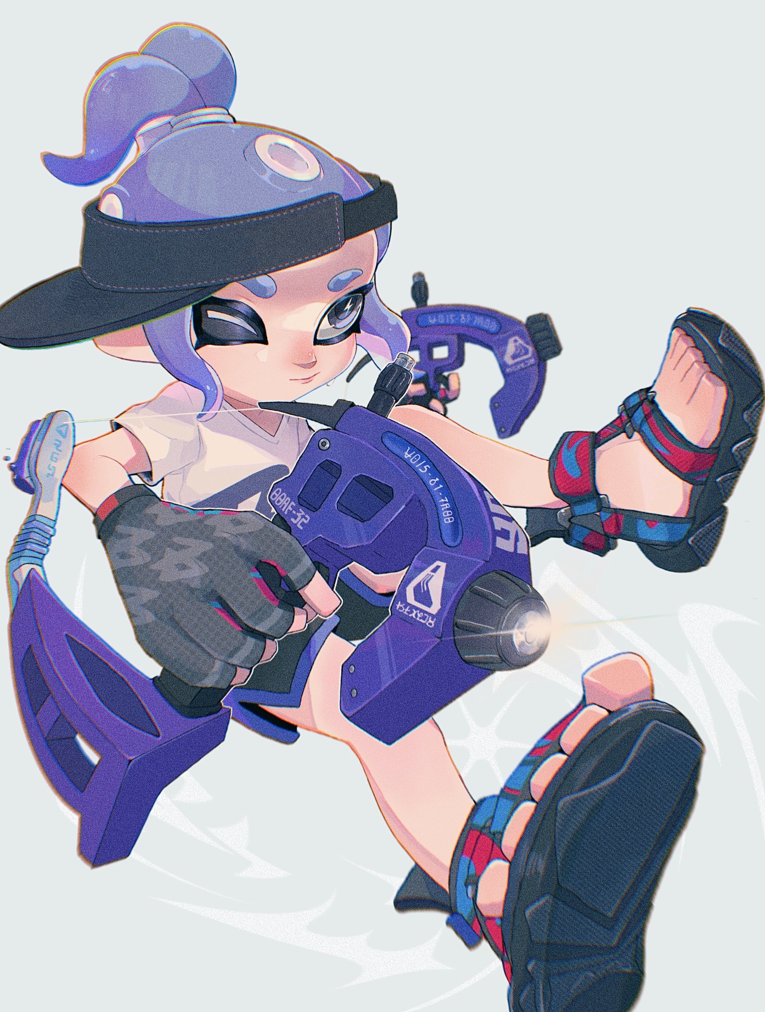 zibaku 18, octoling girl, octoling player character, nintendo, splatoon (series), splatoon 3, commentary request, highres, 1girl, black gloves, black hat, blue hair, closed mouth, dapple dualies (splatoon), fingerless gloves, gloves, hat, holding, holding weapon, looking ahead, octoling, one eye closed, ponytail, sandals, sideways hat, smile, solo, tentacle hair, toes, visor cap, weapon
