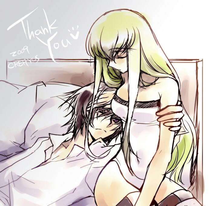 creayus, c.c., lelouch vi britannia, code geass, 00s, 1boy, 1girl, black hair, couple, green hair, hetero, purple eyes, thighhighs, thighs