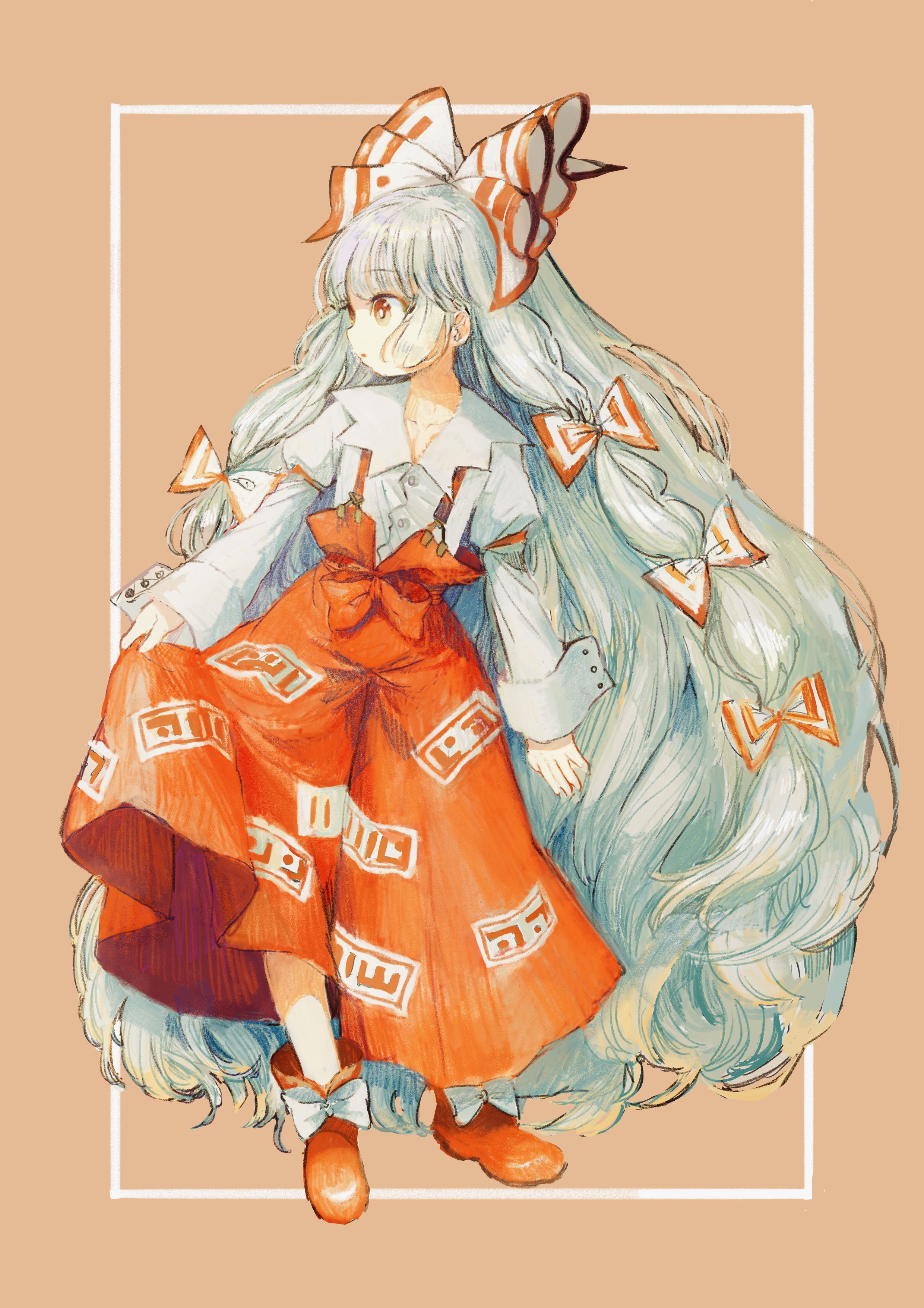 canariadraw, fujiwara no mokou, touhou, absurdres, commentary, highres, 1girl, bow, bright pupils, collarbone, footwear bow, full body, hair bow, long hair, long sleeves, looking to the side, orange background, pants, red eyes, red pants, shirt, simple background, solo, straight hair, strapless, tube top, two-tone bow, very long hair, white bow, white hair, white pupils, white shirt, white tube top, wrist cuffs