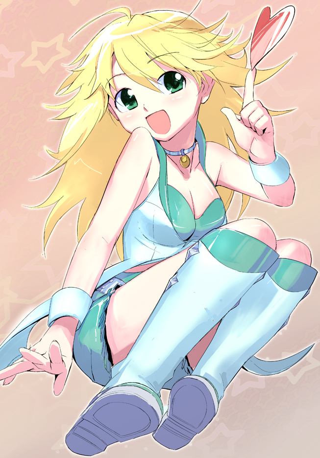misagi nagu, hoshii miki, idolmaster, idolmaster (classic), 00s, 1girl, bell, blonde hair, boots, breasts, choker, cleavage, cool & sexy (idolmaster), female focus, green eyes, heart, jingle bell, medium breasts, shorts, solo, wrist cuffs