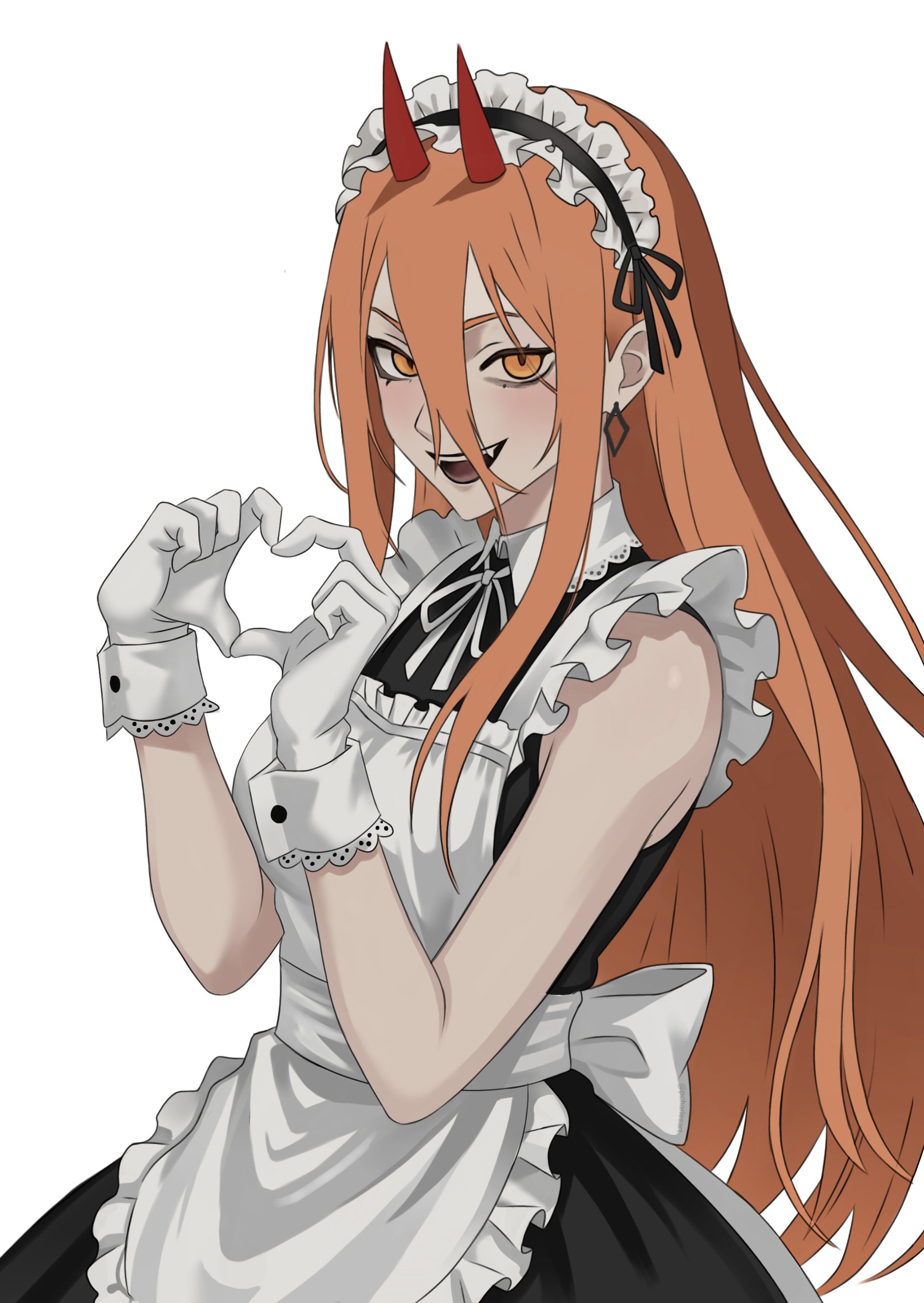power (chainsaw man), chainsaw man, absurdres, commentary, english commentary, highres, 1girl, alternate costume, apron, enmaided, gloves, hair between eyes, heart, heart hands, horns, long hair, looking at viewer, maid, maid apron, maid headdress, orange hair, pcharlesart, simple background, smile, solo, standing, teeth, very long hair, white background, white gloves, yellow eyes