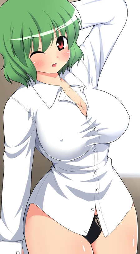 kyokutou hentai samurai, kazami yuuka, touhou, bad id, bad pixiv id, 1girl, arm behind head, blush, breasts, cleavage, covered erect nipples, curvy, female focus, green hair, hip focus, huge breasts, impossible clothes, impossible shirt, looking at viewer, narrow waist, no bra, no pants, open mouth, panties, red eyes, shirt, short hair, smile, solo, underwear, wide hips