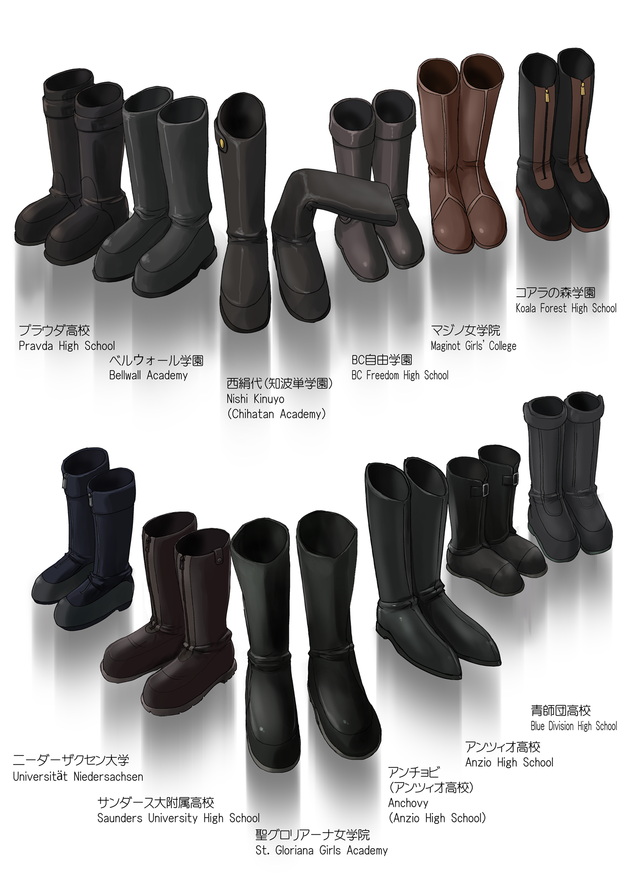 scamp (scamp f16), girls und panzer, commentary request, highres, black boots, boots, brown boots, footwear focus, knee boots, no humans, riding boots, simple background, still life