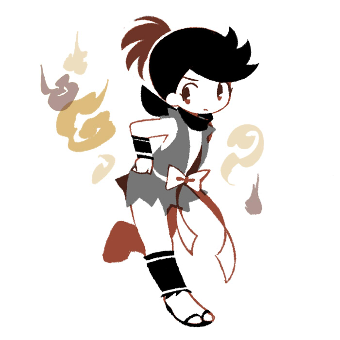 tanba (tanba-art), dororo (character), dororo (tezuka), commentary request, 1girl, black hair, brown eyes, full body, hitodama, no nose, ponytail, reverse trap, sandals, short hair, simple background, sleeveless, solo, walking, white background