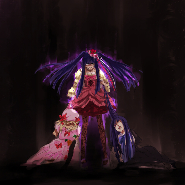 nikonikopun, frederica bernkastel, furudo erika, lambdadelta, umineko no naku koro ni, resized, battle aura, blonde hair, glowing, legs, long hair, pixiv thumbnail, purple hair, role reversal
