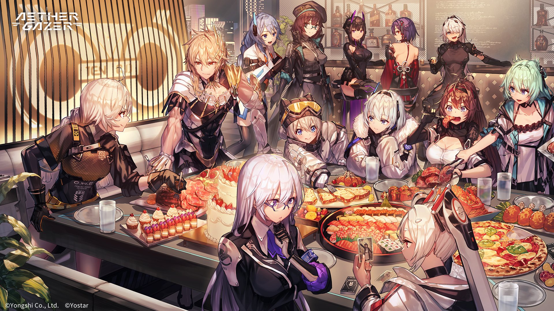 nakanishi tatsuya, aether gazer, yostar, character request, highres, 6+girls, ahoge, black gloves, black hat, blonde hair, blue eyes, breasts, brown hair, cake, card, cleavage, cleavage cutout, closed mouth, clothing cutout, copyright name, copyright notice, cup, cupcake, drinking glass, food, fork, fruit, fur-trimmed jacket, fur trim, glasses, gloves, goggles, grey hair, hair over one eye, hat, holding, holding card, holding cup, holding fork, holding tongs, jacket, long hair, multiple girls, necktie, pizza, plant, purple hair, purple necktie, red eyes, ski goggles, strawberry, table, tongs, white gloves, white hair, white jacket