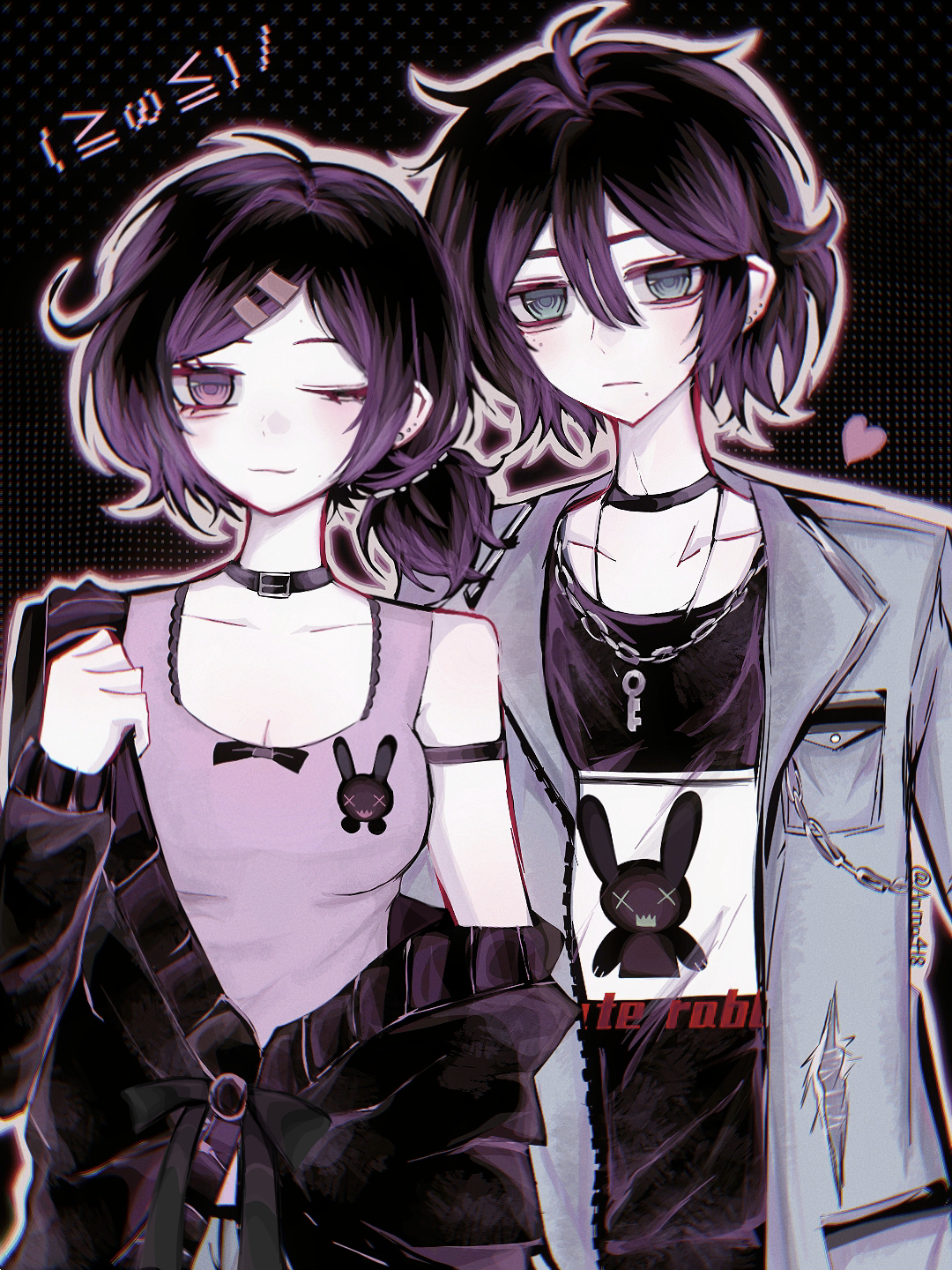 anmo418, andrew graves, ashley graves, the coffin of andy and leyley, chinese commentary, commentary request, highres, > <, 1boy, 1girl, ;3, adjusting clothes, aegyo sal, ahoge, alternate costume, animal print, armpit crease, bangs pinned back, belt collar, black armlet, black background, black bow, black cardigan, black choker, black hair, black shirt, bow, breasts, brother and sister, cardigan, cardigan partially removed, chain, chain necklace, choker, chromatic aberration, cleavage, collar, collarbone, collared jacket, denim, denim jacket, double-parted bangs, earrings, emoticon, frown, green eyes, hair between eyes, hair ornament, hairclip, heart, jacket, jewelry, kaomoji, key, key necklace, long sleeves, looking at viewer, low side ponytail, medium breasts, medium hair, messy hair, mole, mole under eye, mole under mouth, multiple earrings, necklace, one eye closed, outline, pale skin, parted bangs, pink eyes, pink tank top, puffy long sleeves, puffy sleeves, rabbit print, shirt, short hair, siblings, single bare shoulder, single off shoulder, straight-on, stud earrings, tank top, thick eyebrows, torn clothes, torn jacket, upper body, white outline, x x