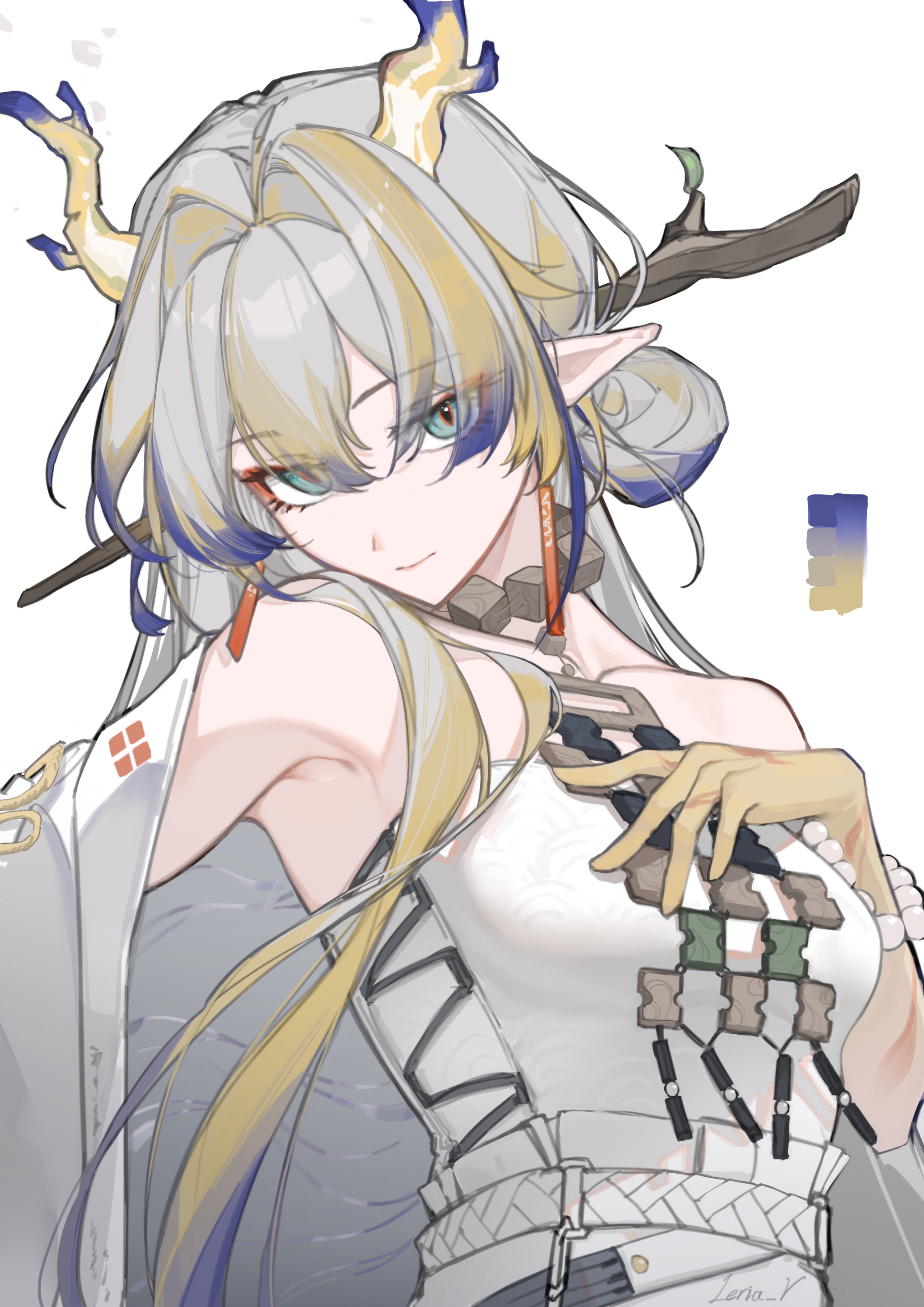 leria v, shu (arknights), arknights, absurdres, commentary, highres, 1girl, arm out of frame, armpits, artist name, bead bracelet, beads, blonde hair, blonde streaks, bracelet, branch, breasts, closed mouth, collarbone, color guide, earrings, eyeliner, eyes visible through hair, green eyes, grey hair, hair between eyes, hair bun, hair intakes, hand on own chest, horns, jacket, jewelry, long hair, looking at viewer, makeup, multicolored hair, open clothes, open jacket, outstretched arm, pointy ears, purple hair, purple streaks, red eyeliner, simple background, single hair bun, small breasts, solo, strapless, streaked hair, tube top, upper body, white background, white jacket, white tube top, yellow horns