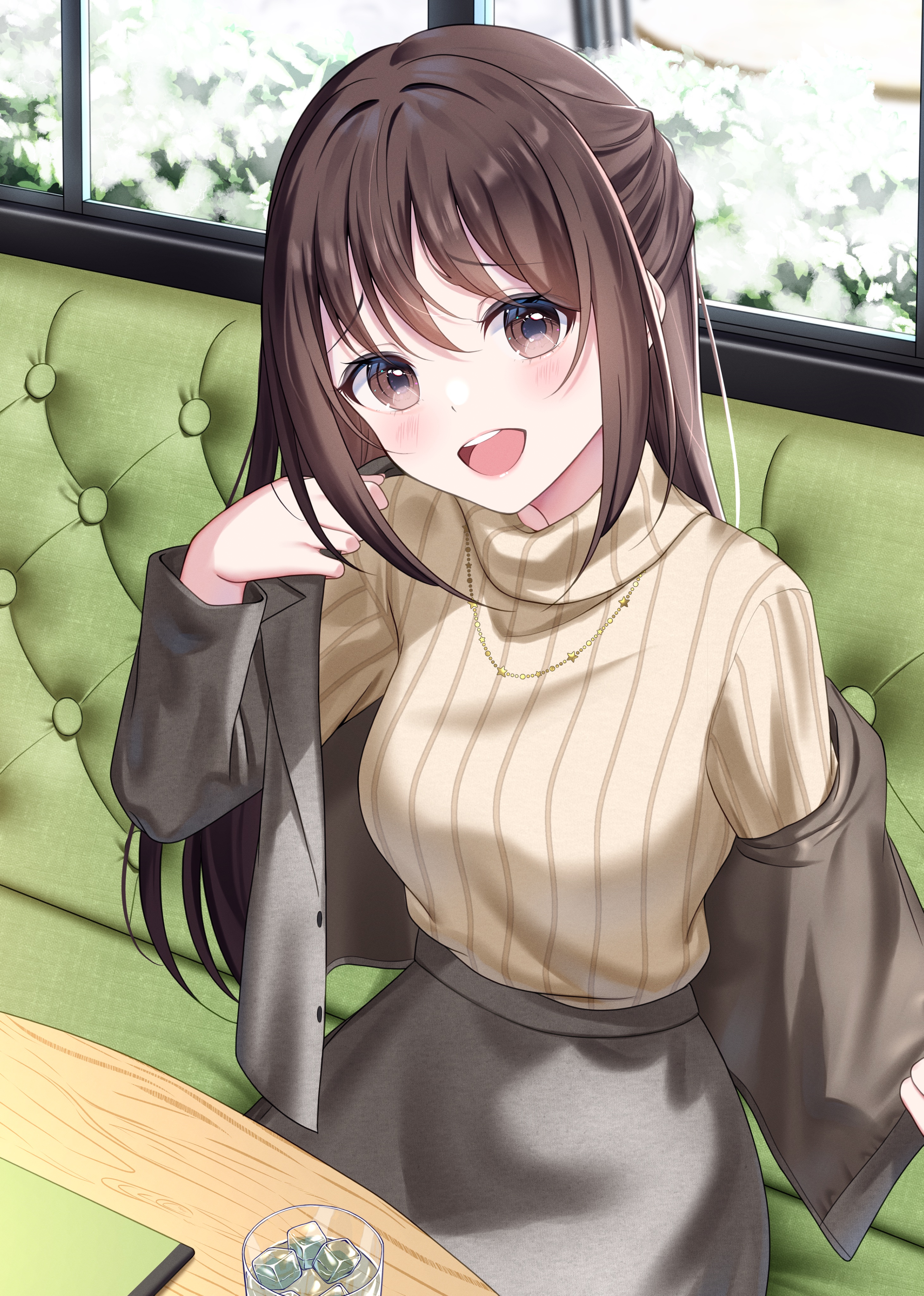 hominotsu, original, absurdres, commentary request, highres, 1girl, brown eyes, brown hair, brown sweater, choppy bangs, grey jacket, grey skirt, half updo, hand up, indoors, jacket, jewelry, long hair, long sleeves, necklace, on bench, open mouth, raised inner eyebrows, removing jacket, ribbed sweater, sidelocks, sitting, skirt, smile, solo, sweater, sweater tucked in