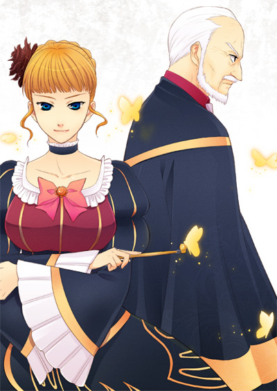 suzunoya, beatrice (umineko), ushiromiya kinzou, umineko no naku koro ni, bad id, bad pixiv id, 00s, 1boy, 1girl, beard, blonde hair, blue eyes, bug, butterfly, choker, cloak, dress, facial hair, hair ornament, hair up, insect, mustache, old, old man, wand, white facial hair, white hair