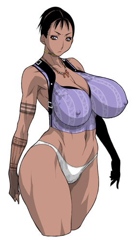 koutarou, koutarou (girl power), sheva alomar, resident evil, resident evil 5, lowres, 1girl, abs, breasts, cleavage, covered erect nipples, dark-skinned female, dark skin, female focus, huge breasts, muscular, panties, sagging breasts, simple background, solo, thick thighs, thighs, underwear