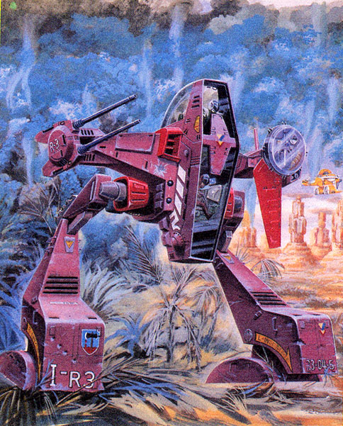 takani yoshiyuki, chiram, emaan, ishfon, mlover, orguss (mecha), choujikuu seiki orguss, orguss, 1980s (style), official art, traditional media, 1boy, box art, male focus, mecha, non-humanoid robot, oldschool, realistic, retro artstyle, robot, science fiction, simple background, solo, walker (robot)