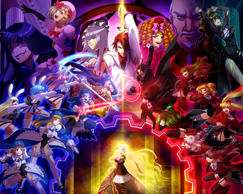 nomo (16 16), asmodeus (umineko), beatrice (umineko), beelzebub (umineko), belphegor (umineko), chiester00, chiester410, chiester45, chiester sisters, cornelia (umineko), dlanor a. knox, eiserne jungfrau, frederica bernkastel, furudo erika, gaap (umineko), gertrude (umineko), lambdadelta, leviathan (umineko), lucifer (umineko), mammon (umineko), ronove (umineko), satan (umineko), stakes of purgatory, ushiromiya battler, ushiromiya kinzou, ushiromiya natsuhi, virgilia (umineko), umineko no naku koro ni, black legwear, torn legwear, white legwear, bad id, bad pixiv id, 00s, 3boys, 6+girls, animal ears, aqua hair, black hair, blonde hair, blue eyes, blue hair, bow, breasts, brown hair, bug, butterfly, chain, choker, closed eyes, curly hair, dress, elbow gloves, epic, everyone, flower, frills, gloves, hair ornament, hair ribbon, hairclip, hat, insect, large breasts, long hair, magic circle, mini hat, mini top hat, monocle, multiple boys, multiple girls, necktie, pantyhose, pink bow, pink hair, pink necktie, purple eyes, rabbit ears, red eyes, red flower, red hair, red rose, ribbon, rose, scythe, short hair, showgirl skirt, tears, thighhighs, top hat, torn clothes, troll face, twintails, very long hair, white hair