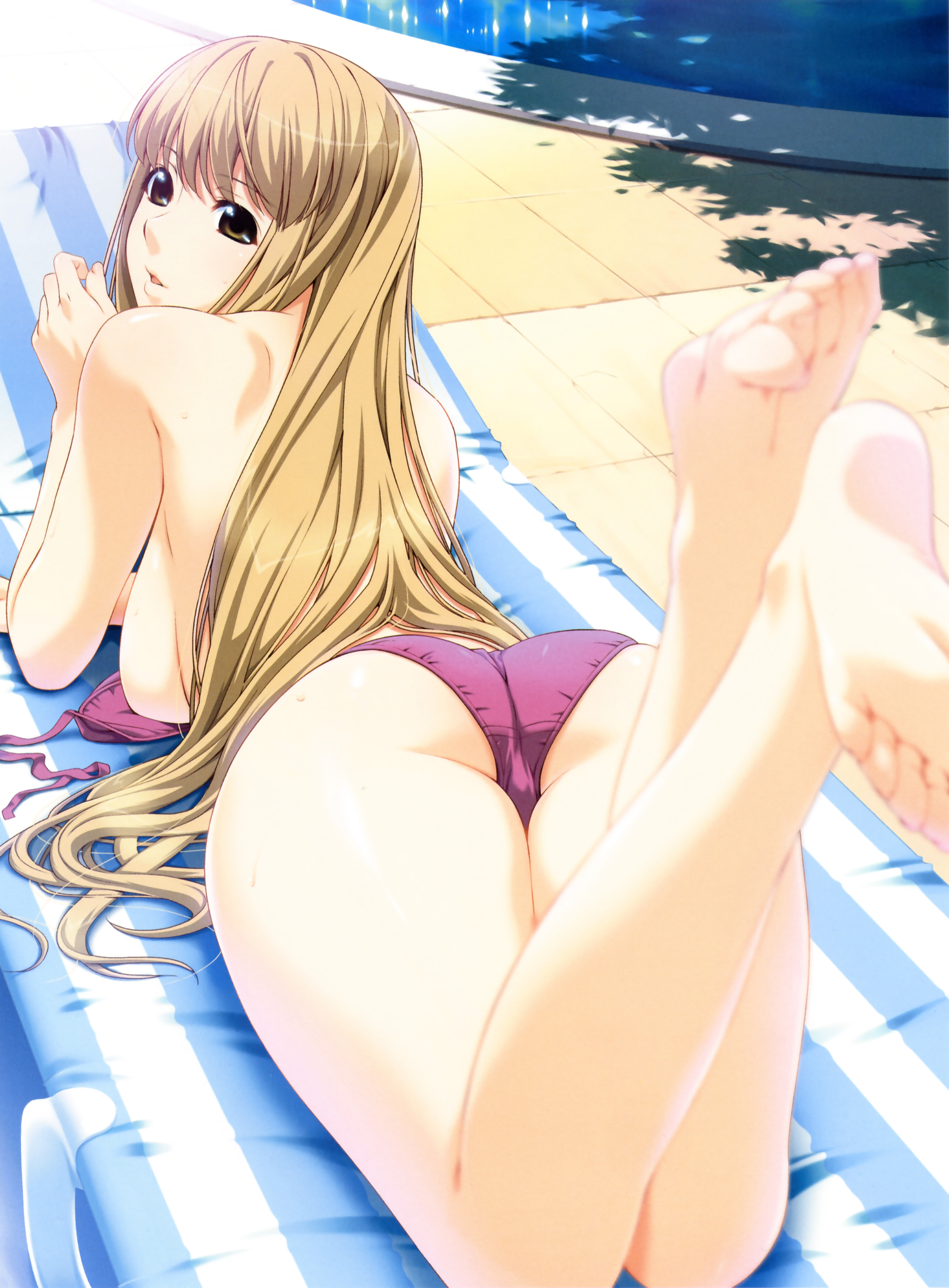 ino (magloid), sakurano miren, kimihagu, light brown hair, striped, untied, absurdres, highres, photoshop (medium), 00s, 1girl, arm support, ass, barefoot, bikini, blurry, breasts, brown eyes, brown hair, chair, curvy, depth of field, feet, feet up, female focus, foot focus, from above, from behind, large breasts, legs, long hair, looking back, lounge chair, lying, on stomach, parted lips, pool, poolside, red bikini, sideboob, soles, solo, swimsuit, the pose, toes, topfreedom, topless female, tree shade, unworn bikini top, very long hair, wide hips