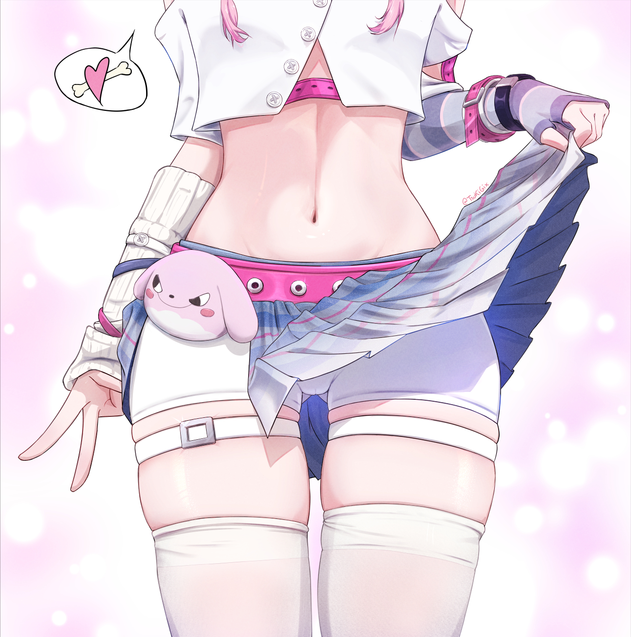 tsukigix, chasing kaleidorider, commentary, english commentary, highres, 1girl, adodol (chasing kaleidorider), asymmetrical sleeves, bare shoulders, belt, bike shorts, charm (object), clothes lift, crop top, gluteal fold, groin, head out of frame, heart, lifting own clothes, lower body, midriff, mismatched sleeves, navel, off shoulder, pink belt, pleated skirt, shirt, shorts, signature, skindentation, skirt, skirt lift, solo, spoken heart, standing, striped sleeves, thigh strap, thighhighs, v, white shirt, white shorts, white thighhighs, wrist belt