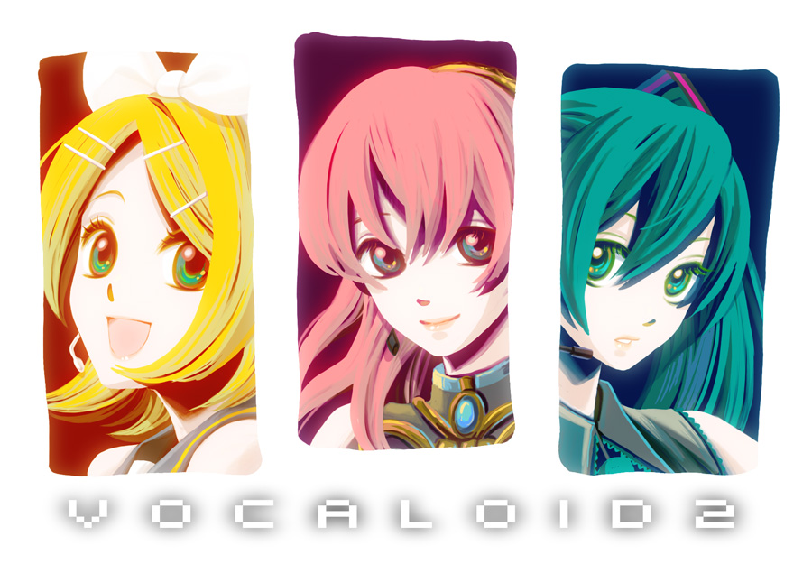 biafura, hatsune miku, kagamine rin, megurine luka, vocaloid, 3girls, :d, aqua eyes, aqua hair, blonde hair, blue eyes, blue gemstone, blush, bow, brooch, closed mouth, collared shirt, column lineup, copyright name, female focus, gem, hair between eyes, hair bow, hair ornament, hairclip, headset, jewelry, lips, long hair, looking at viewer, multiple girls, neck, necktie, open mouth, parted lips, pink hair, portrait, red lips, sailor collar, shirt, short hair, sleeveless, sleeveless shirt, sleeveless turtleneck, smile, swept bangs, tareme, turtleneck, upper body, white bow