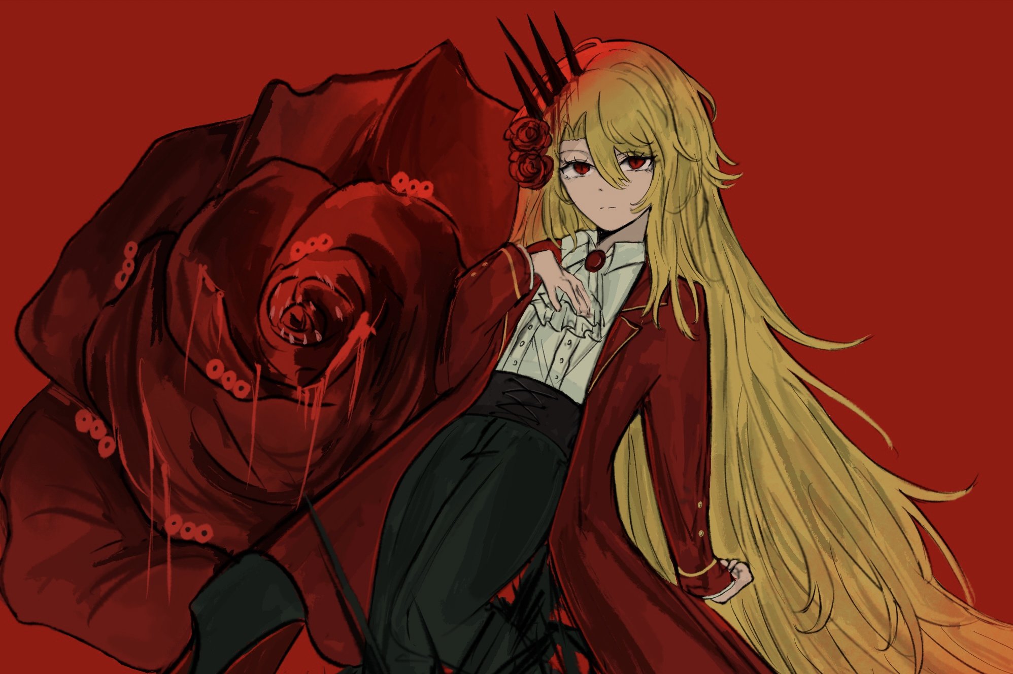 don quixote (project moon), sancho (project moon), limbus company, project moon, highres, 1girl, ascot, black pants, blonde hair, brown corset, closed mouth, coat, corset, eyelashes, flower, hair flower, hair ornament, long hair, open clothes, open coat, pants, red background, red coat, red eyes, red flower, red rose, rose, rugatu to, shirt, simple background, solo, standing, very long hair, white ascot, white shirt