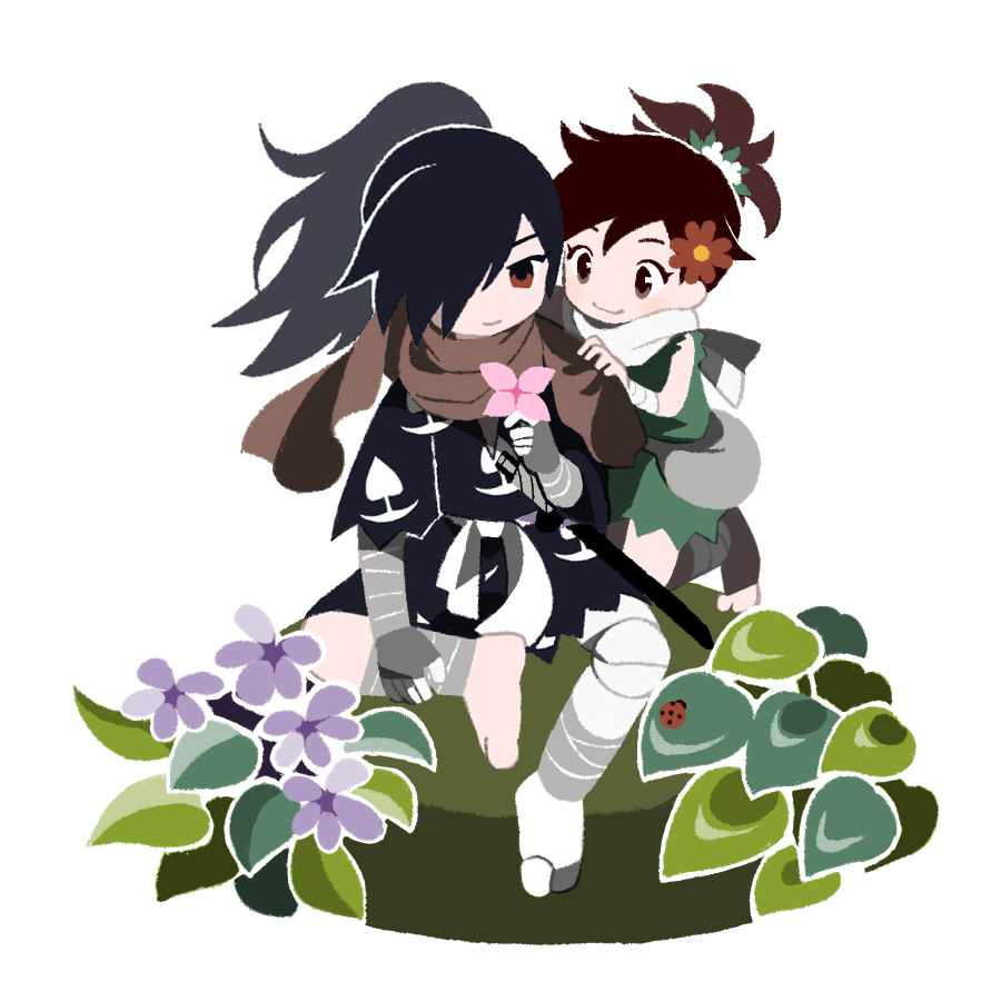 tanba (tanba-art), dororo (character), hyakkimaru (dororo), dororo (tezuka), commentary request, 1boy, 1girl, black hair, brown hair, brown scarf, flower, full body, hair flower, hair ornament, hair over one eye, hand on another's shoulder, holding, holding flower, japanese clothes, pink flower, ponytail, prosthesis, prosthetic arm, prosthetic leg, purple flower, reverse trap, rock, scarf, sitting, smile, sword, weapon, white scarf