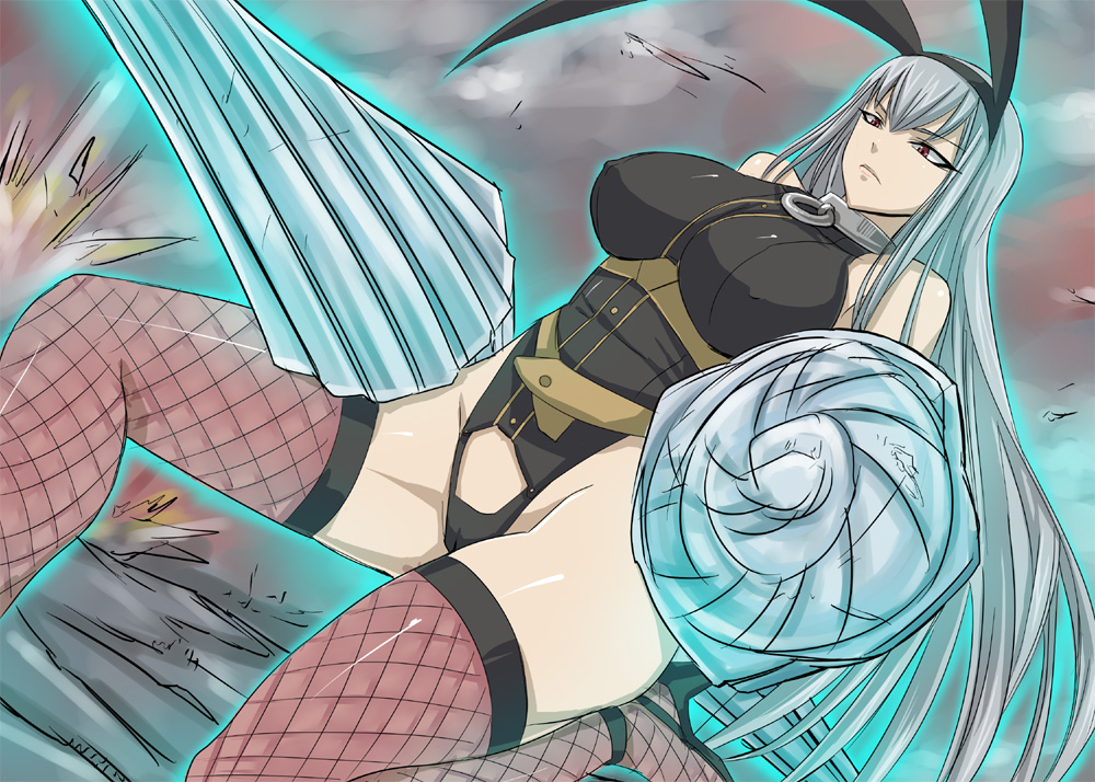 selvaria bles, senjou no valkyria, senjou no valkyria (series), senjou no valkyria 1, silver hair, 00s, 1girl, animal ears, breasts, cameltoe, covered erect nipples, female focus, fishnet thighhighs, fishnets, lance, large breasts, polearm, rabbit ears, red eyes, shield, solo, spear, thighhighs, weapon