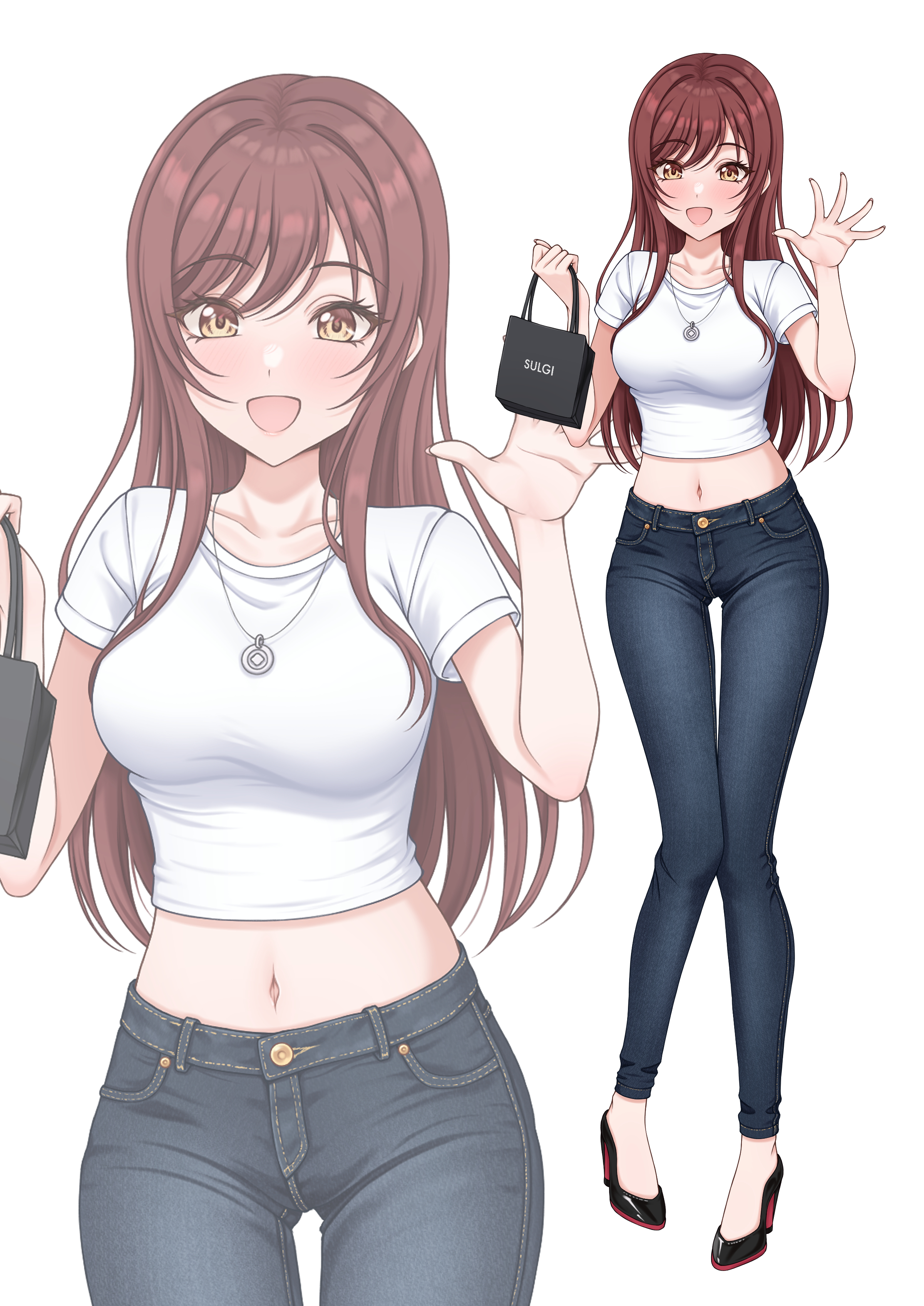 sulgi park, osaki amana, idolmaster, idolmaster shiny colors, absurdres, commentary request, highres, 1girl, alternate costume, artist name, bag, black shoes, breasts, brown hair, crop top, cropped shirt, denim, hands up, high heels, holding, holding bag, jeans, jewelry, large breasts, long hair, midriff, navel, necklace, open hand, open mouth, pants, parted bangs, pumps, shirt, shoes, short sleeves, simple background, smile, solo, standing, swept bangs, white background, white shirt, yellow eyes, zoom layer