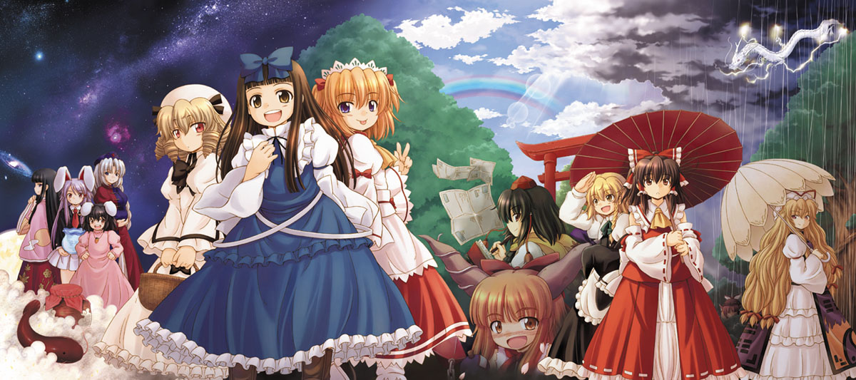 hirasaka makoto, dragon (touhou), dragon god, hakurei reimu, houraisan kaguya, ibuki suika, inaba tewi, kirisame marisa, luna child, mystia lorelei, reisen udongein inaba, shameimaru aya, star sapphire, sunny milk, yagokoro eirin, yakumo yukari, touhou, touhou sangetsusei, silver hair, 6+girls, animal ears, black hair, blazer, blonde hair, bow, braid, brown hair, catfish, detached sleeves, dragon, eastern dragon, female focus, fish, hat, horns, jacket, japanese clothes, long hair, looking at viewer, looking back, miko, multiple girls, necktie, oil-paper umbrella, outdoors, pink hair, purple eyes, purple hair, rabbit ears, rain, rainbow, red eyes, short hair, smile, tokin hat, torii, umbrella, wings, yellow eyes