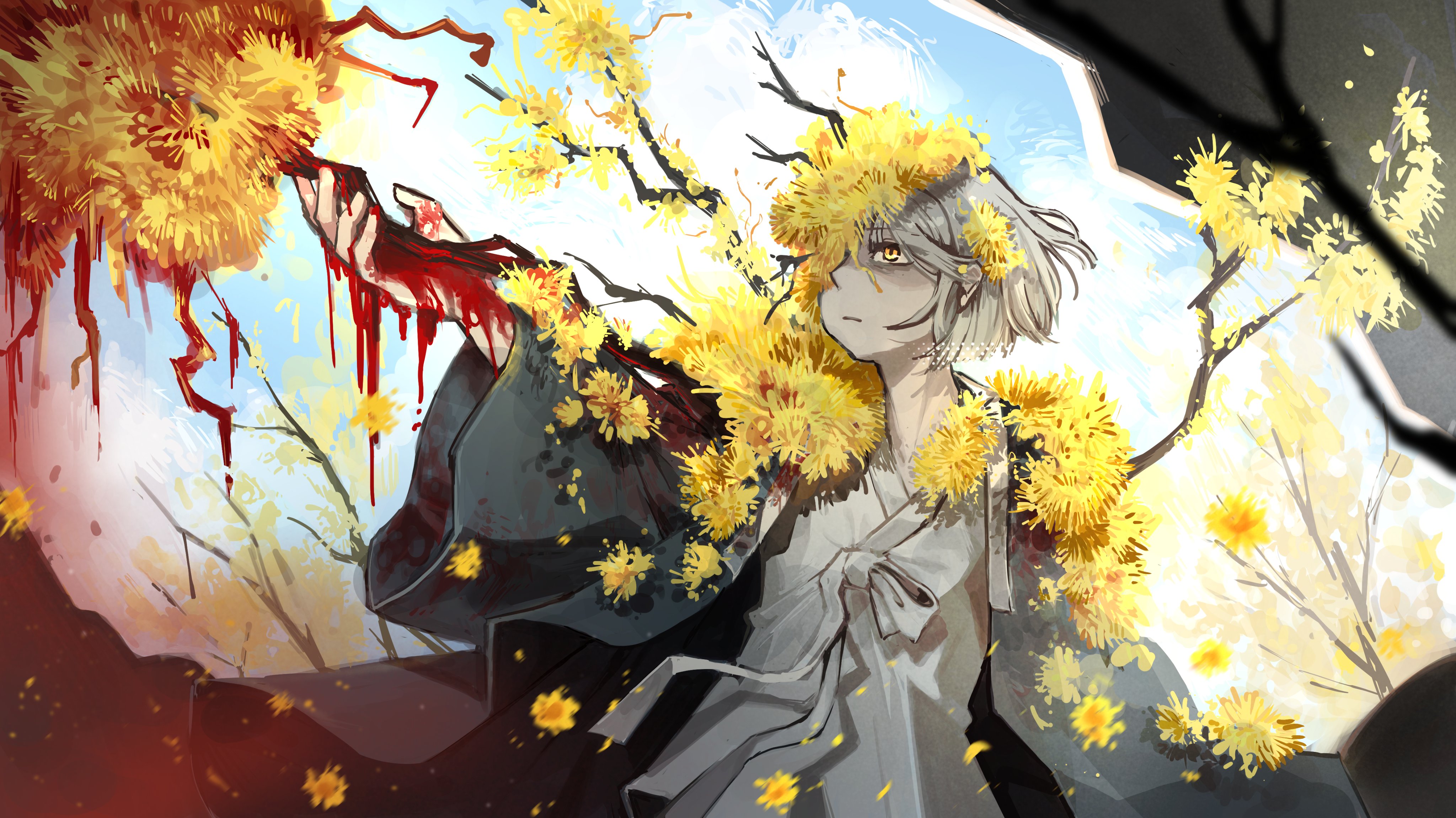 dongbaek (project moon), limbus company, project moon, absurdres, commentary, highres, 1girl, bennett soap, blood, blue sky, blurry, blurry foreground, branch, closed mouth, cloud, e.g.o (project moon), flower, grey hair, japanese clothes, outdoors, short hair, sky, solo, spicebush (e.g.o), standing, wide sleeves, yellow eyes, yellow flower