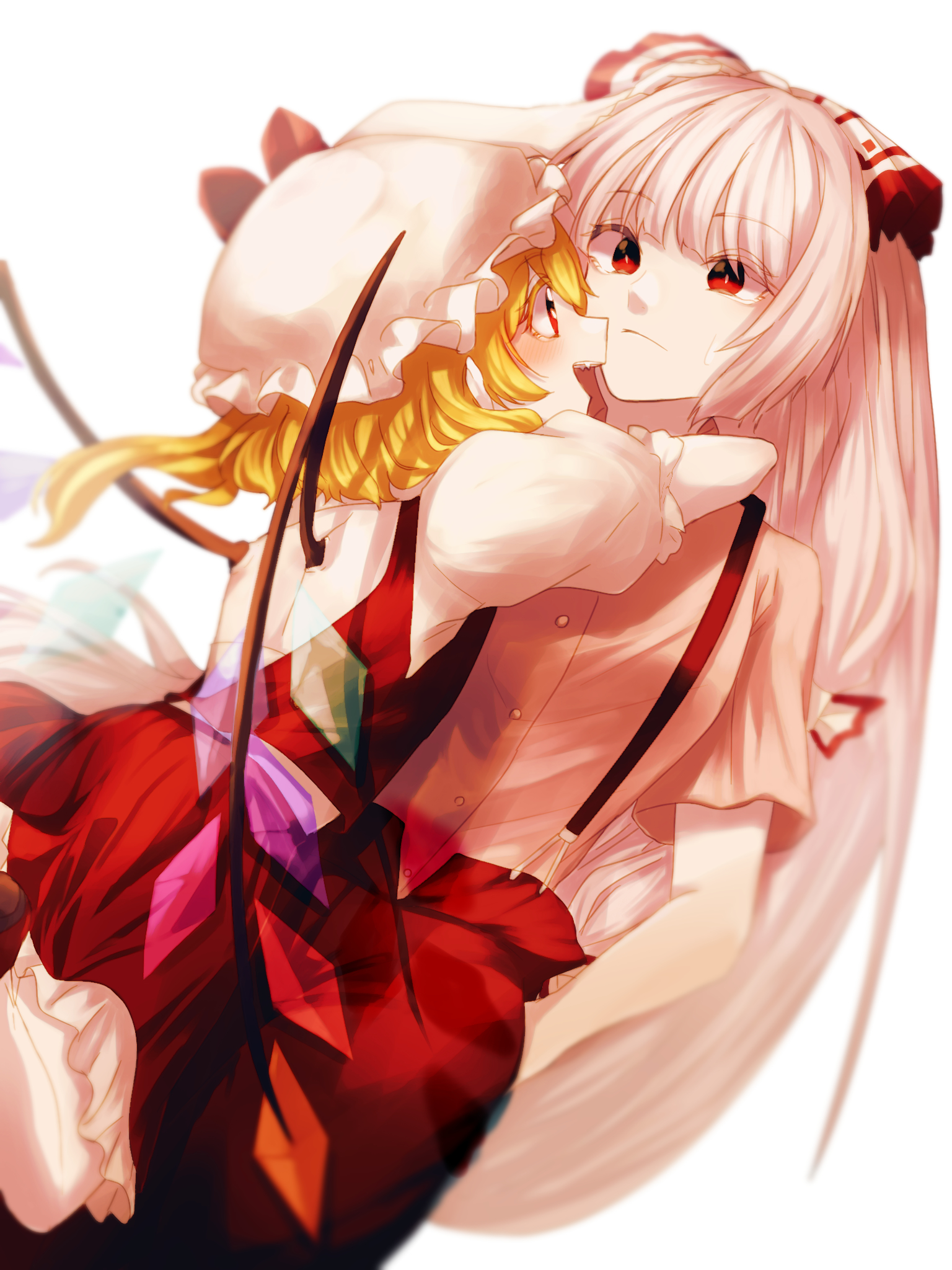 somei ooo, flandre scarlet, fujiwara no mokou, touhou, commentary request, highres, 2girls, blonde hair, blush, crystal wings, dutch angle, eye contact, fang, frilled hat, frills, hand in pocket, hat, hug, long hair, looking at another, mob cap, multiple girls, pants, red pants, red skirt, red vest, shirt, shirt tucked in, simple background, skirt, skirt set, smile, suspender pants, sweatdrop, very long hair, vest, white background, white hair, white hat, white shirt, wings, yuri