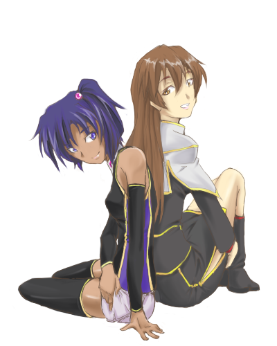 eki, eki-end, maria owens, rachel ransom, gundam, sd gundam, sd gundam g-generation, uniform, lowres, 2girls, back-to-back, blue eyes, brown eyes, brown hair, dark-skinned female, dark skin, detached sleeves, multiple girls, purple hair, shorts, side slit, skirt, thighhighs