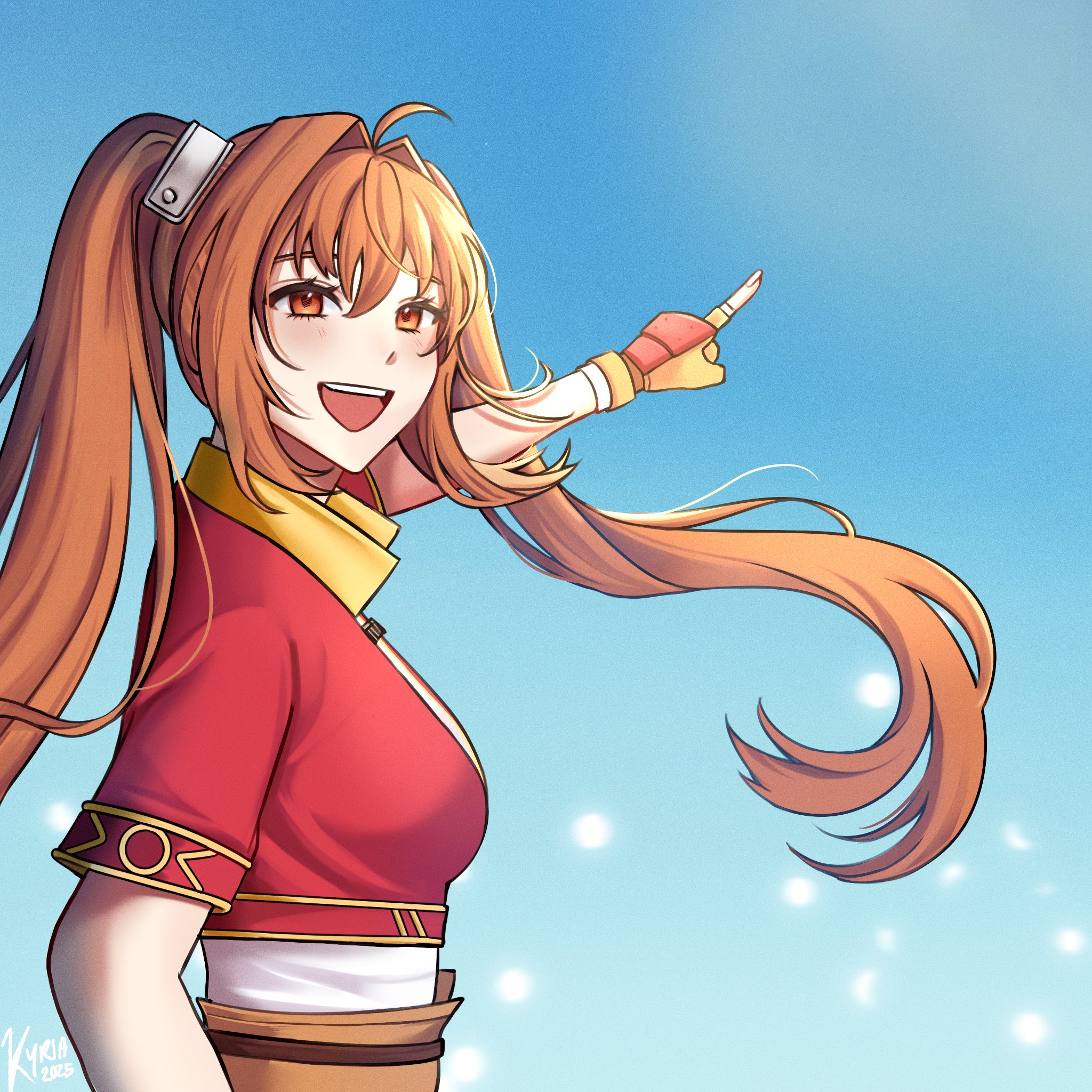 estelle bright, eiyuu densetsu, sora no kiseki, commentary, english commentary, highres, 1girl, ahoge, blue sky, breasts, floating hair, kyria iv, large breasts, orange eyes, orange hair, outdoors, pointing, sky, smile, solo, standing, teeth, twintails, upper body, upper teeth only