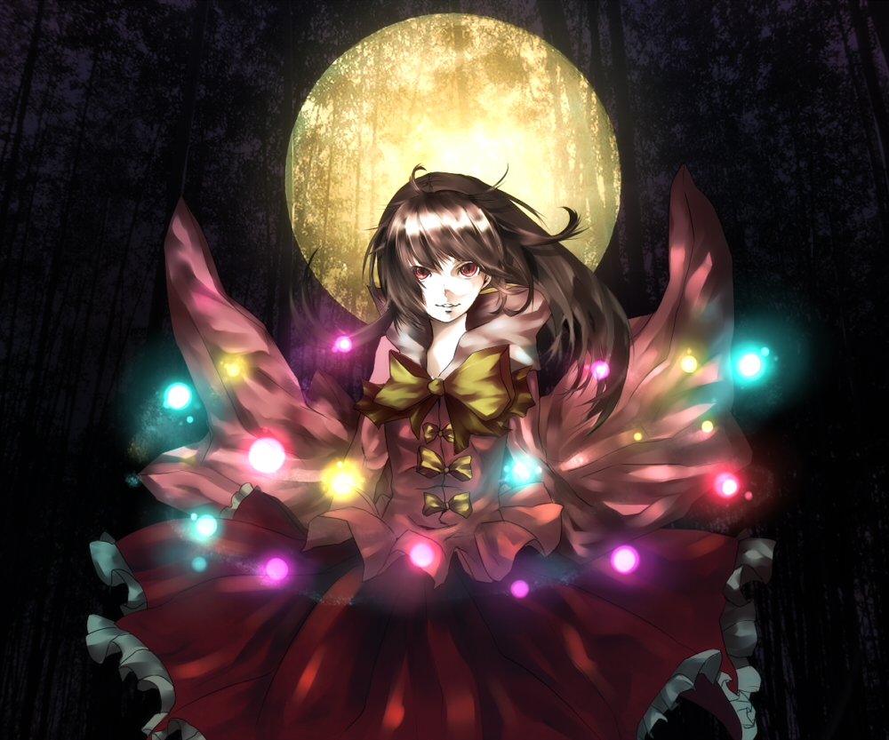neota, houraisan kaguya, touhou, bad id, bad pixiv id, 1girl, brown hair, danmaku, female focus, moon, red eyes, ringed eyes, short hair, solo