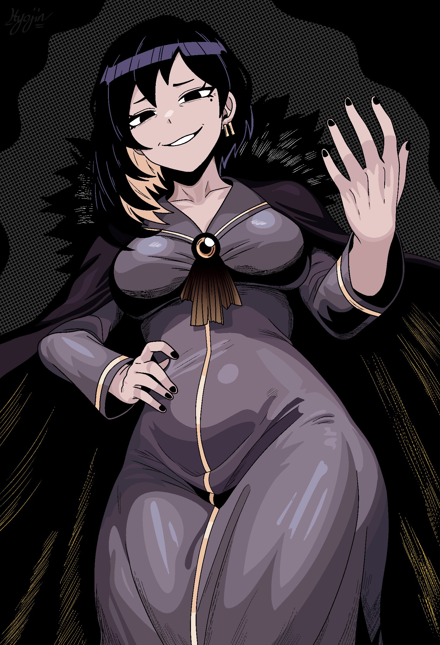 hyojin en, binah (project moon), library of ruina, project moon, commentary, commission, english commentary, highres, 1girl, black dress, black eyes, black hair, black nails, blonde hair, breasts, dress, evil smile, eyelashes, large breasts, long hair, mole, mole under eye, multicolored hair, nail polish, signature, smile, solo, standing, streaked hair, two-tone hair