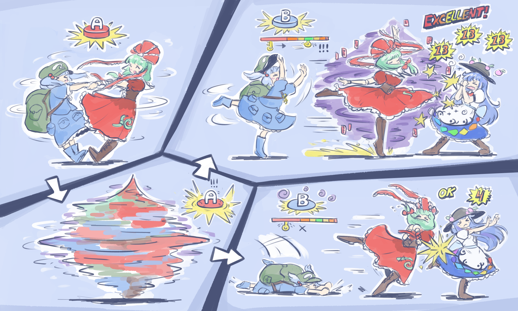 oysterfried, hinanawi tenshi, kagiyama hina, kawashiro nitori, touhou, commentary, english commentary, highres, > <, 3girls, apron, arrow (symbol), black hat, blue boots, blue hair, blue shirt, blue skirt, boots, bow, bowtie, brown boots, brown corset, button prompt, closed eyes, corset, damage numbers, doll joints, dress, english text, fighting, fruit hat ornament, gameplay mechanics, green bag, green hair, green hat, hair bobbles, hair bow, hair ornament, hair ribbon, hat, hat ornament, holding hands, joints, knee boots, leaf hat ornament, long hair, lying, multiple girls, on stomach, open mouth, peach hat ornament, puffy short sleeves, puffy sleeves, rainbow order, red bow, red bowtie, red dress, red ribbon, ribbon, rubber boots, shirt, short sleeves, skirt, smile, spinning, two side up, very long hair, waist apron, white shirt