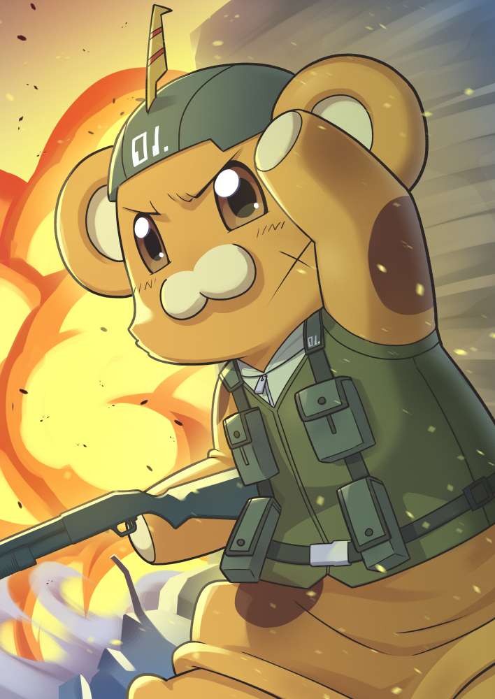 toto nemigi, bonta-kun, full metal panic!, commission, skeb commission, animal costume, bear costume, brown eyes, explosion, gun, helmet, holding, holding gun, holding weapon, mascot costume, weapon