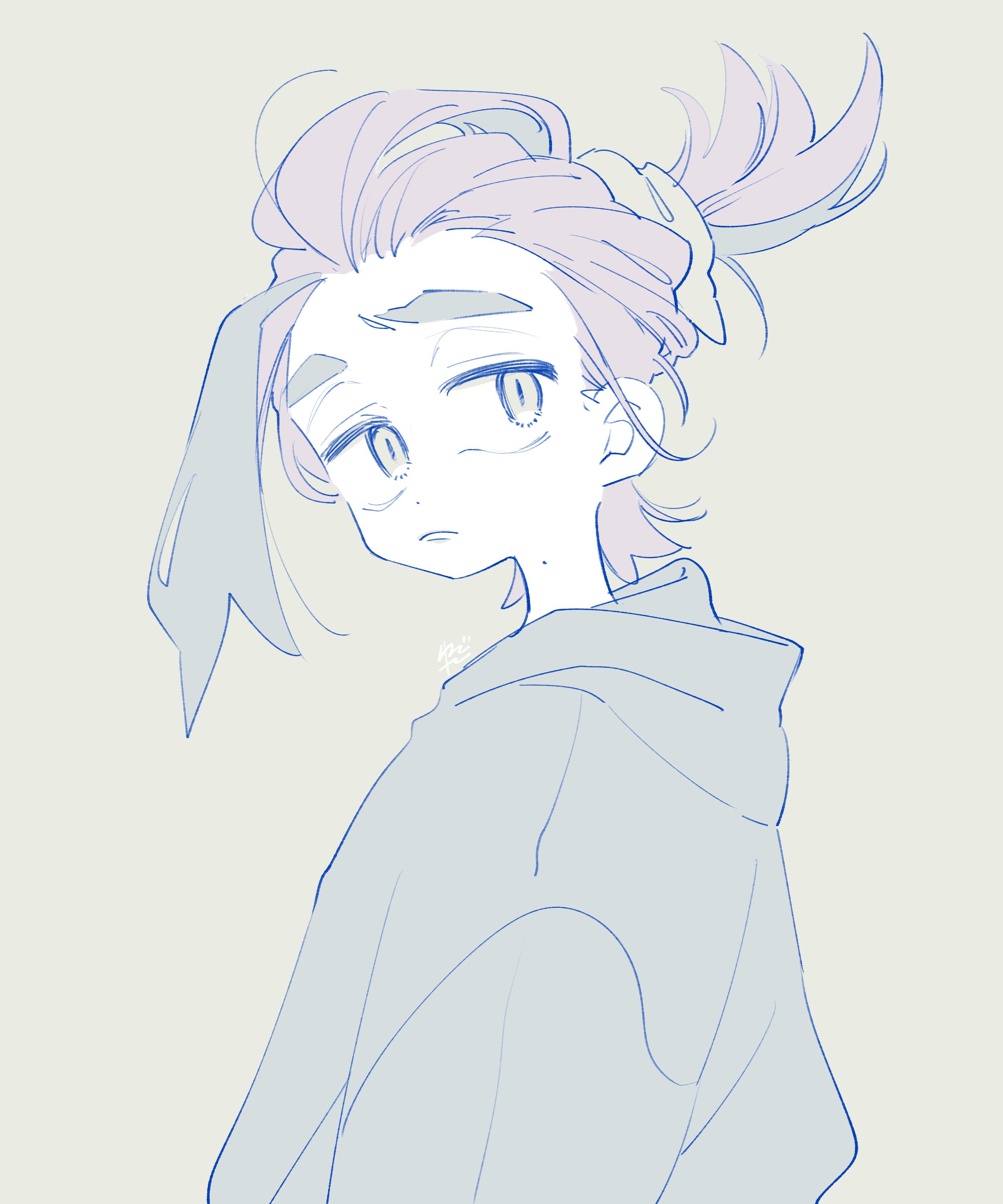 4lily, kieran (pokemon), nintendo, pokemon, pokemon sv, absurdres, commentary request, highres, 1boy, black hair, black hoodie, closed mouth, from side, frown, hood, hood down, hoodie, male focus, mole, mole on neck, multicolored hair, muted color, purple hair, simple background, solo, thick eyebrows, upper body