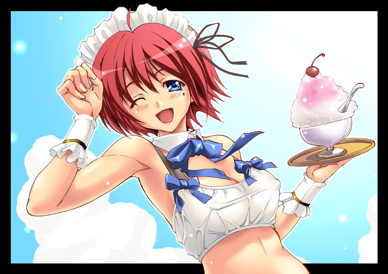 shiruko (inosin), hinomoto hikari, tokimeki memorial, tokimeki memorial 2, 1girl, ahoge, breasts, covered erect nipples, day, detached collar, female focus, food, maid headdress, medium breasts, mole, mole under eye, one eye closed, outside border, shaved ice, solo, waitress, wink