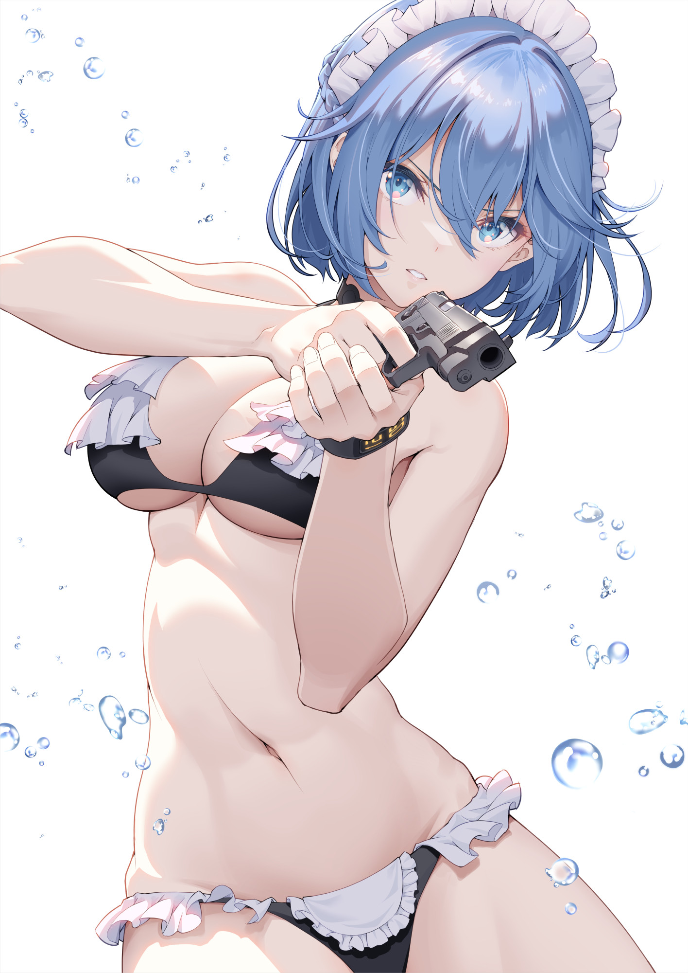 pinakes, character request, commentary request, copyright request, highres, official art, 1girl, bikini, black bikini, blue eyes, blue hair, breasts, cowboy shot, double-parted bangs, fingernails, frilled bikini, frills, gun, hair between eyes, handgun, hands up, holding, holding gun, holding weapon, large breasts, long bangs, maid, maid bikini, maid headdress, mp-443 grach, navel, parted lips, serious, short hair, simple background, solo, standing, stomach, swimsuit, unconventional maid, v-shaped eyebrows, water drop, weapon, white background