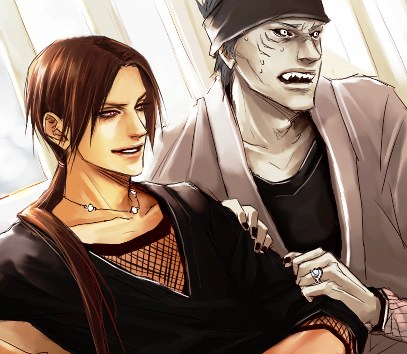 lily (artist), hoshigaki kisame, uchiha itachi, naruto (classic), naruto (series), lowres, 2boys, akatsuki (naruto), blue hair, brown hair, jewelry, multiple boys, nail polish, necklace, ponytail, red eyes, ring, smile, sweat, white eyes